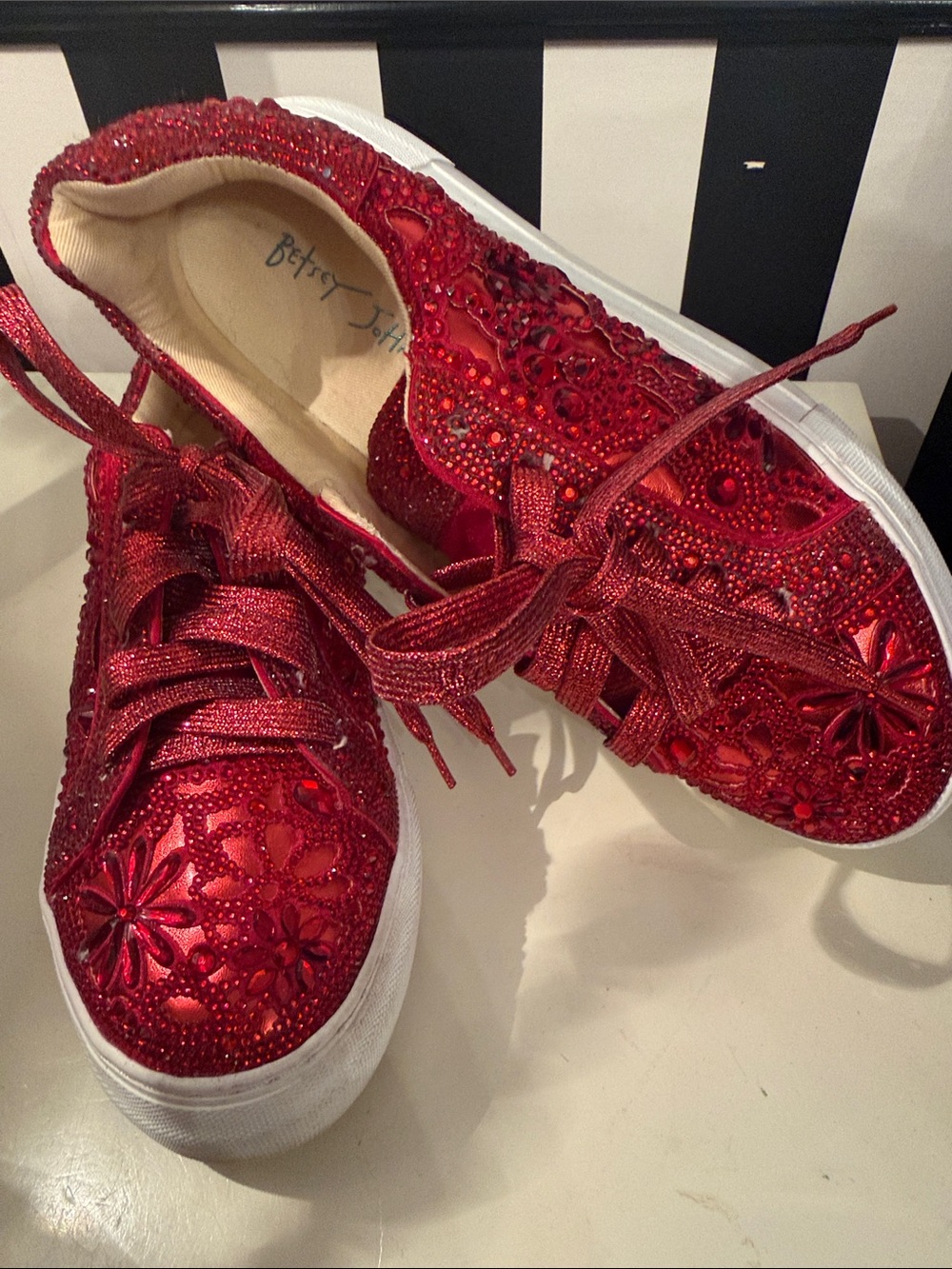 Betsey Johnson Red Floral Crystal-Embellished Sneakers size 9 worn 1x